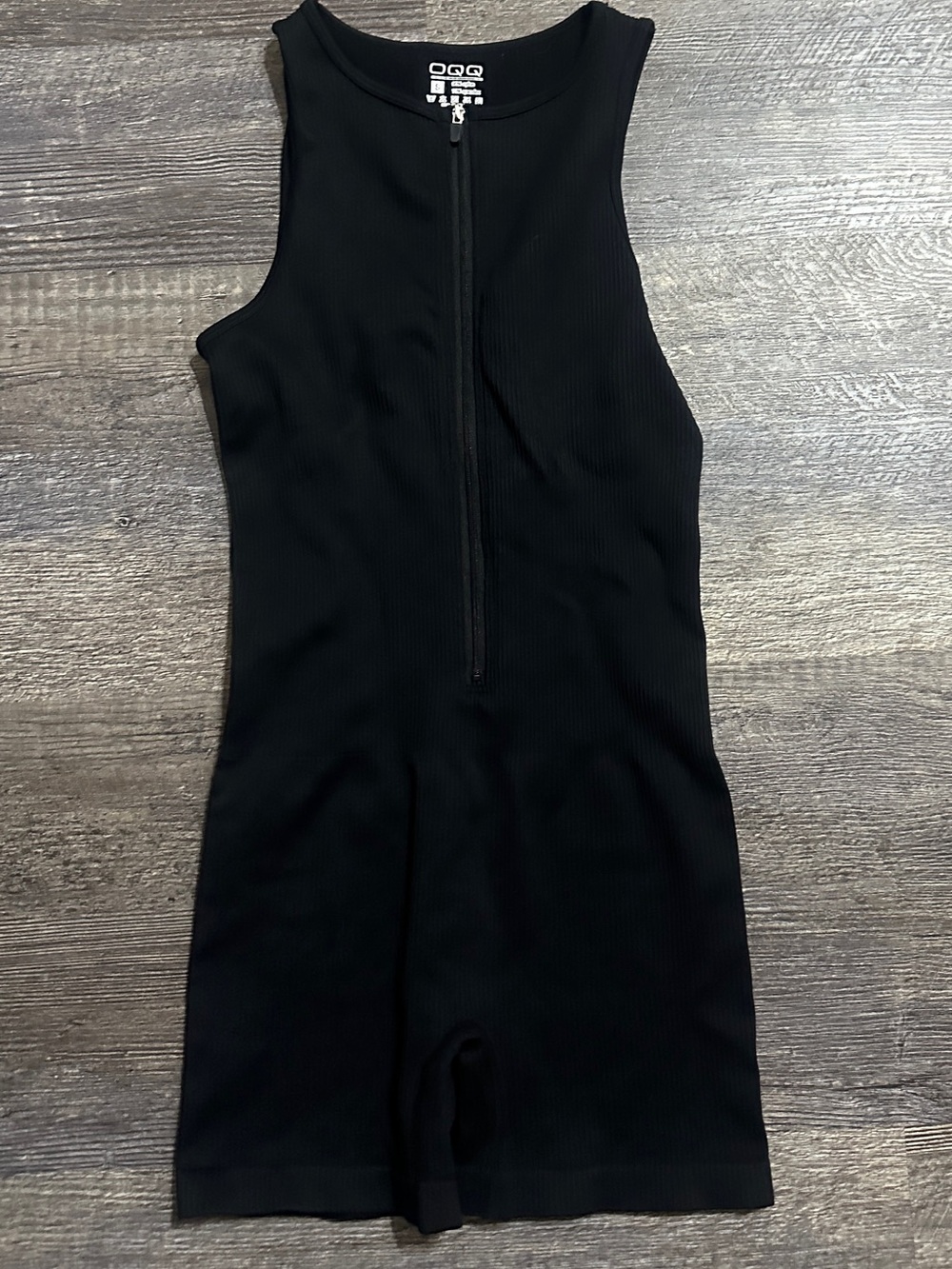 OQQ Black Small Ribbed Sleeveless Zip Front Romper